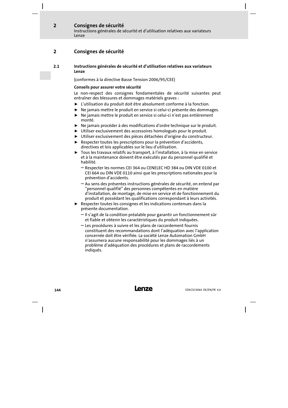 2 consignes de sécurité, Consignes de sécurité | Lenze ECSCx Axis cold plate User Manual | Page 144 / 208