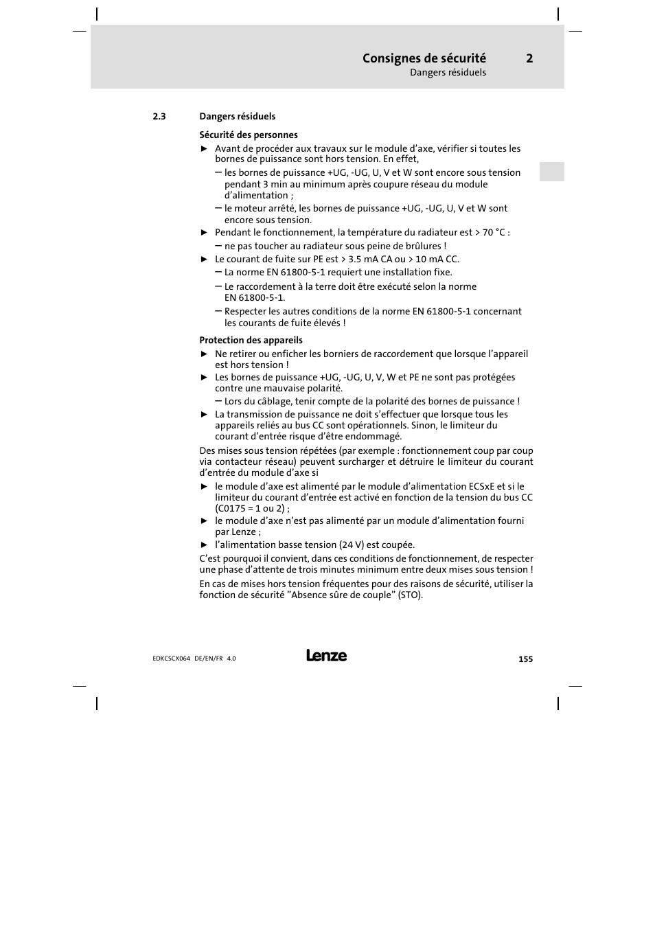 Dangers résiduels, Consignes de sécurité | Lenze ECSCx Axis cold plate User Manual | Page 155 / 208