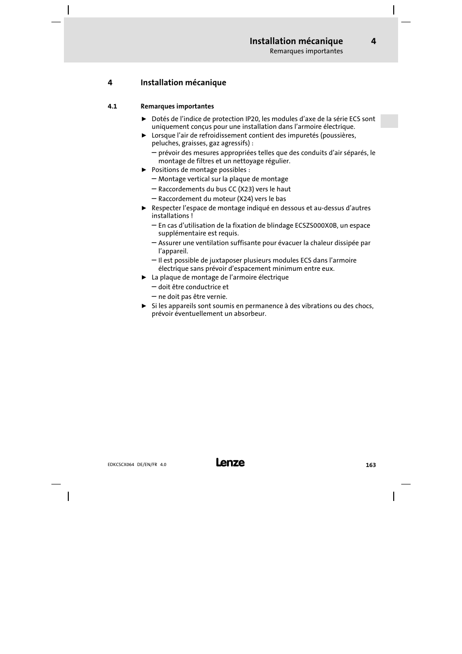 4 installation mécanique, Remarques importantes, Installation mécanique | Lenze ECSCx Axis cold plate User Manual | Page 163 / 208