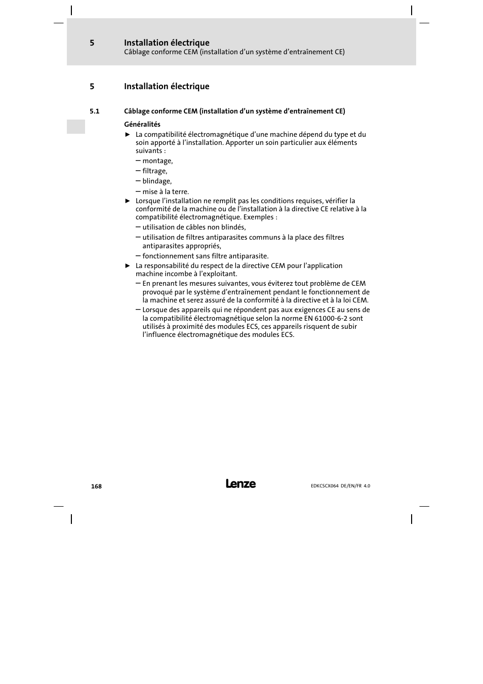 5 installation électrique, Installation électrique | Lenze ECSCx Axis cold plate User Manual | Page 168 / 208