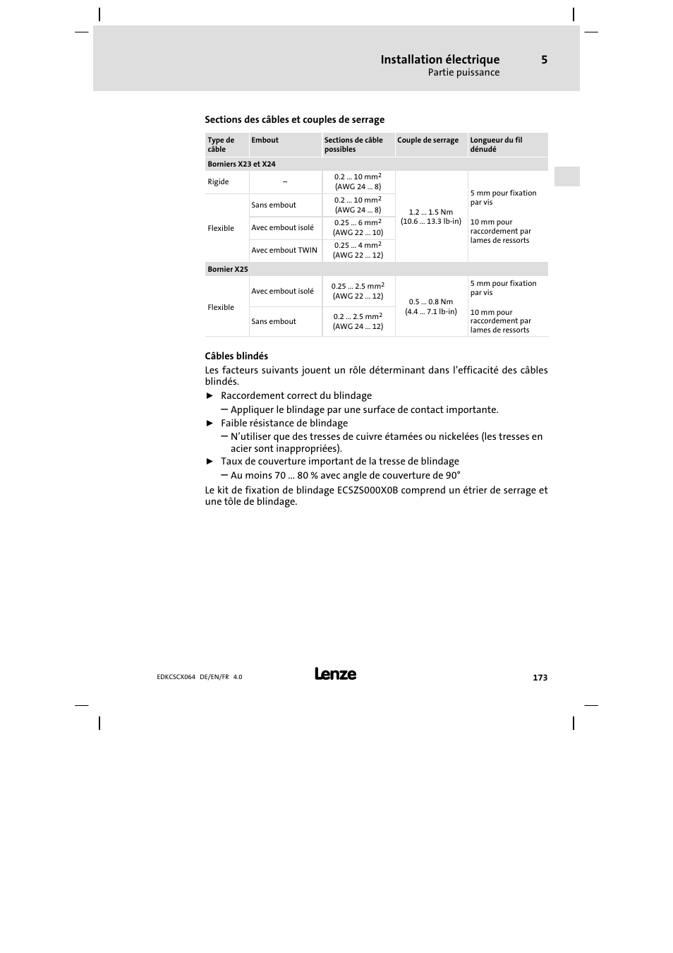 Installation électrique | Lenze ECSCx Axis cold plate User Manual | Page 173 / 208