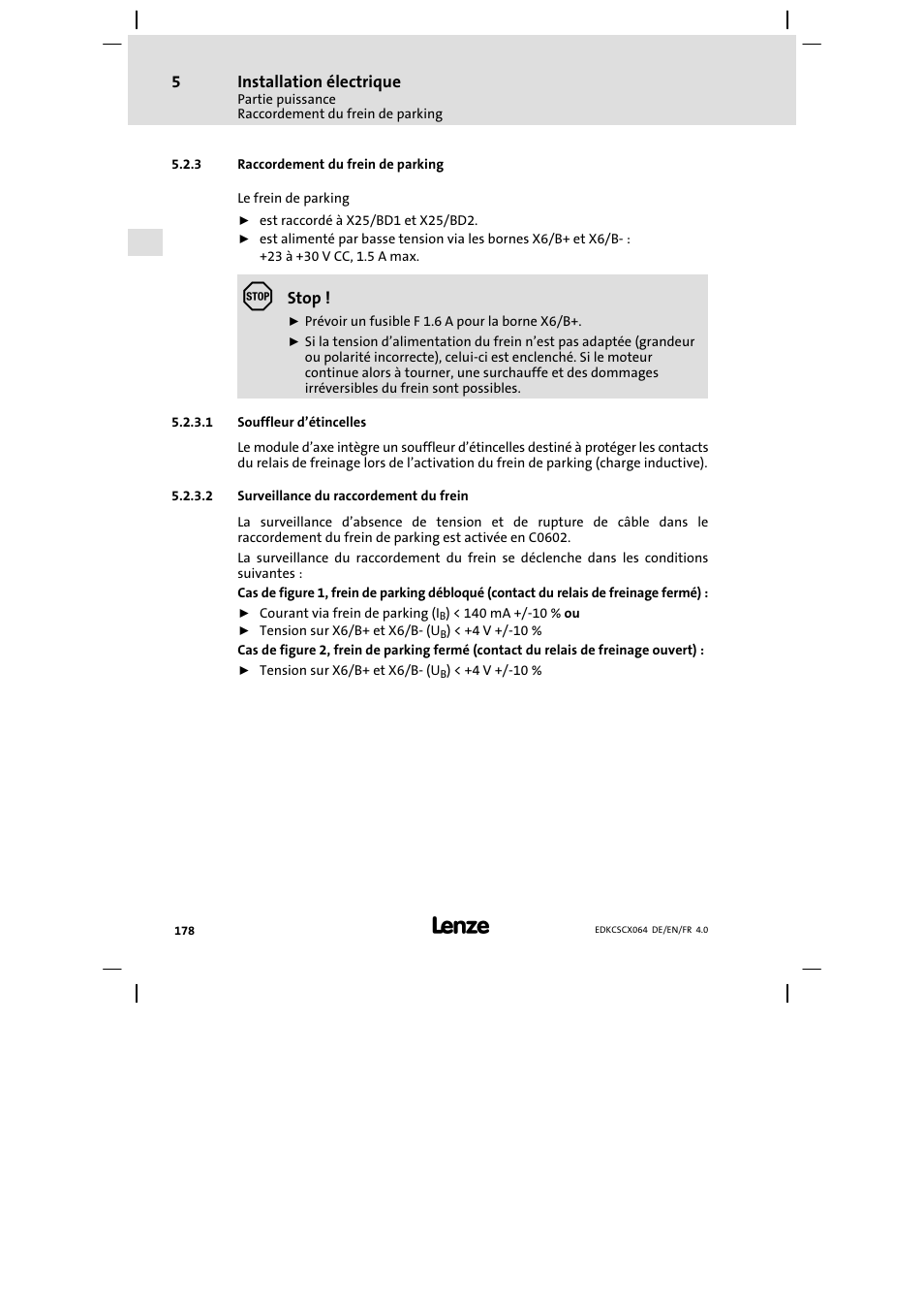 Raccordement du frein de parking | Lenze ECSCx Axis cold plate User Manual | Page 178 / 208