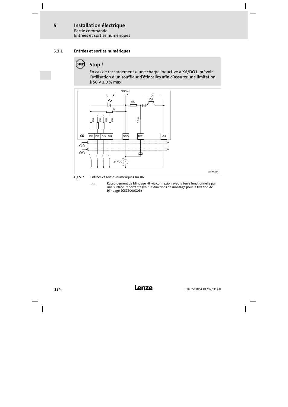 Entrées et sorties numériques, Installation électrique, Stop | Lenze ECSCx Axis cold plate User Manual | Page 184 / 208