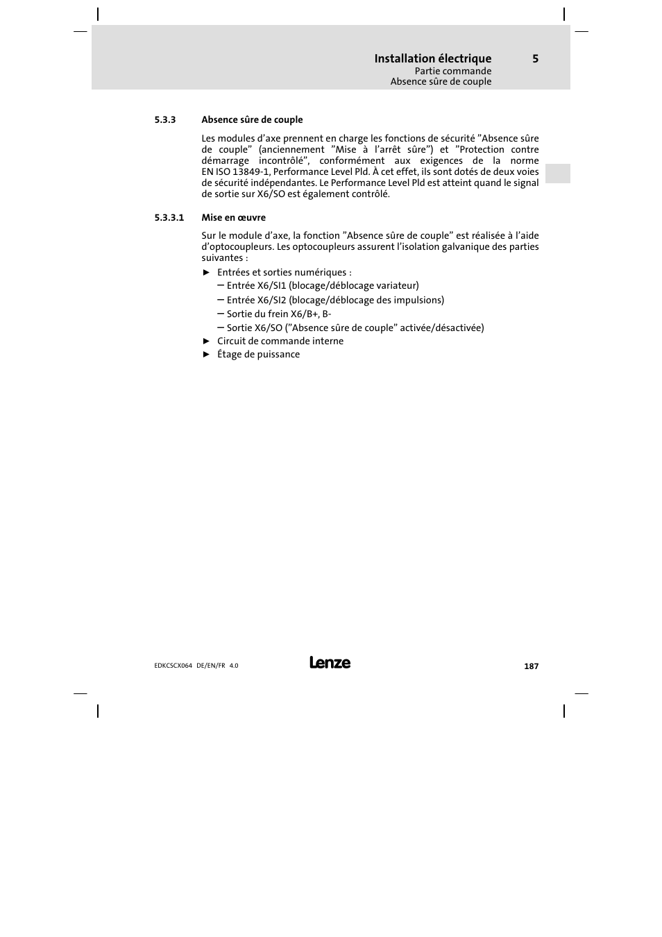 Absence sûre de couple | Lenze ECSCx Axis cold plate User Manual | Page 187 / 208