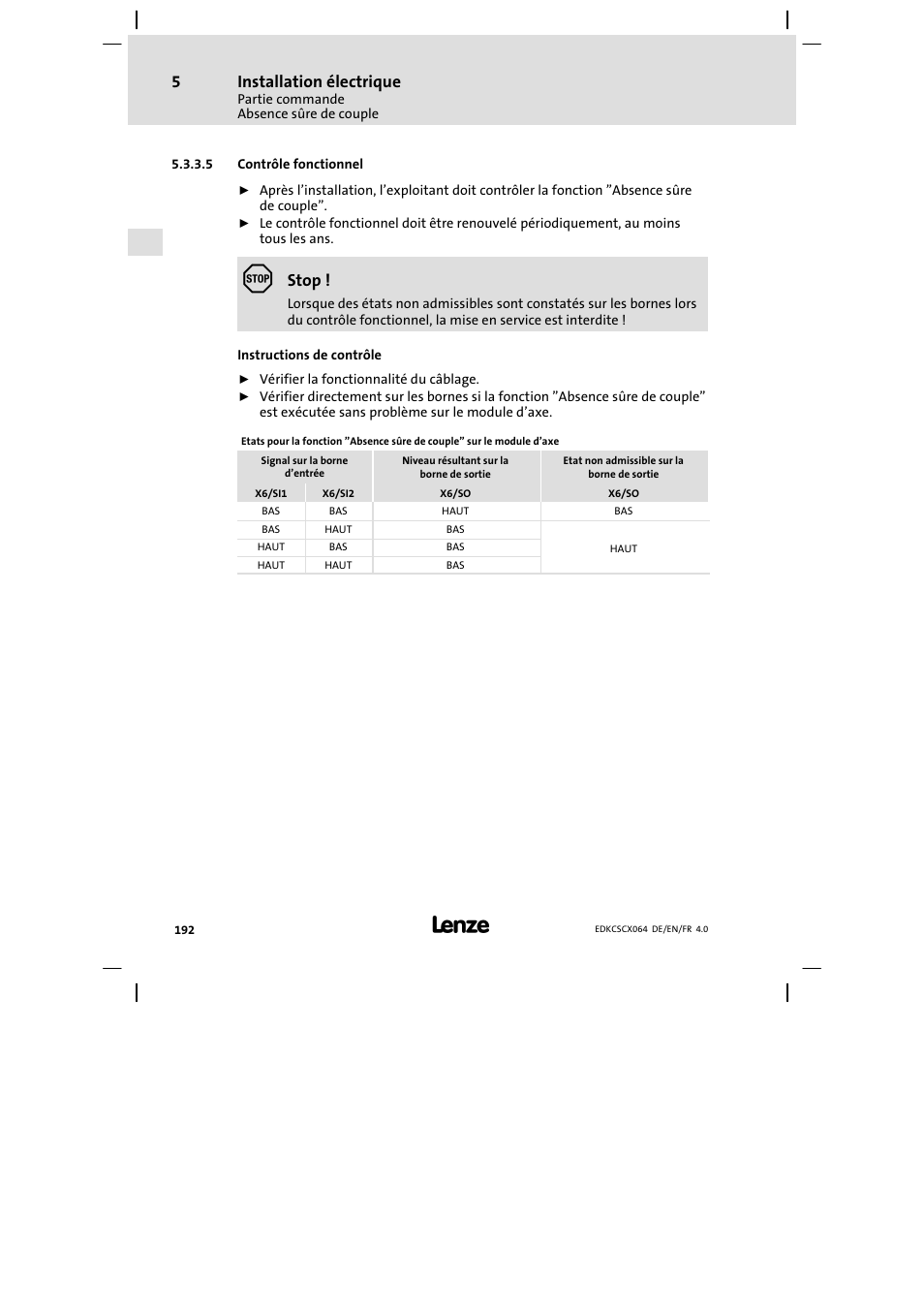 Installation électrique, Stop | Lenze ECSCx Axis cold plate User Manual | Page 192 / 208