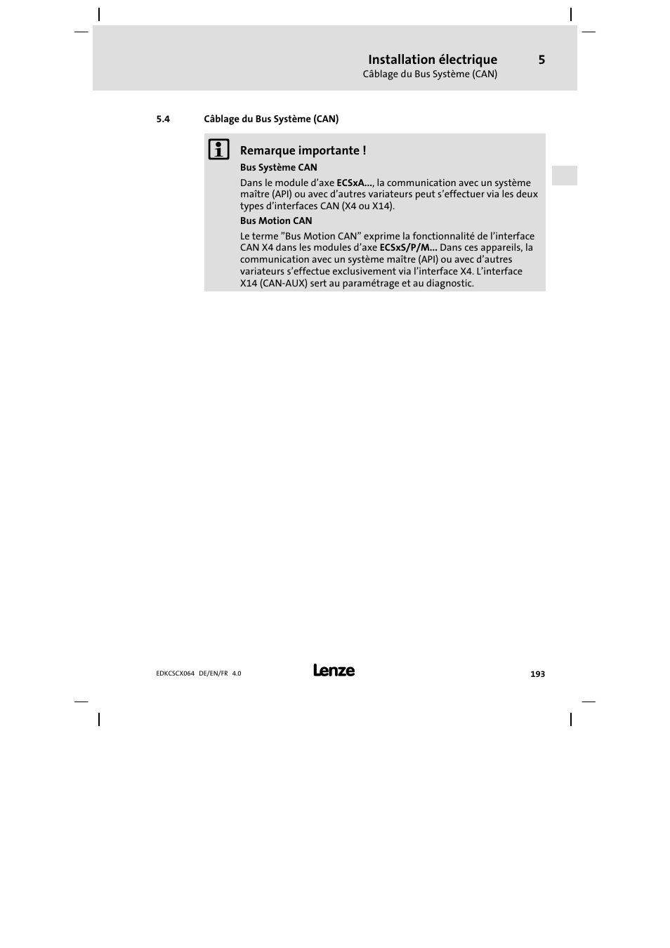 Câblage du bus système (can) | Lenze ECSCx Axis cold plate User Manual | Page 193 / 208