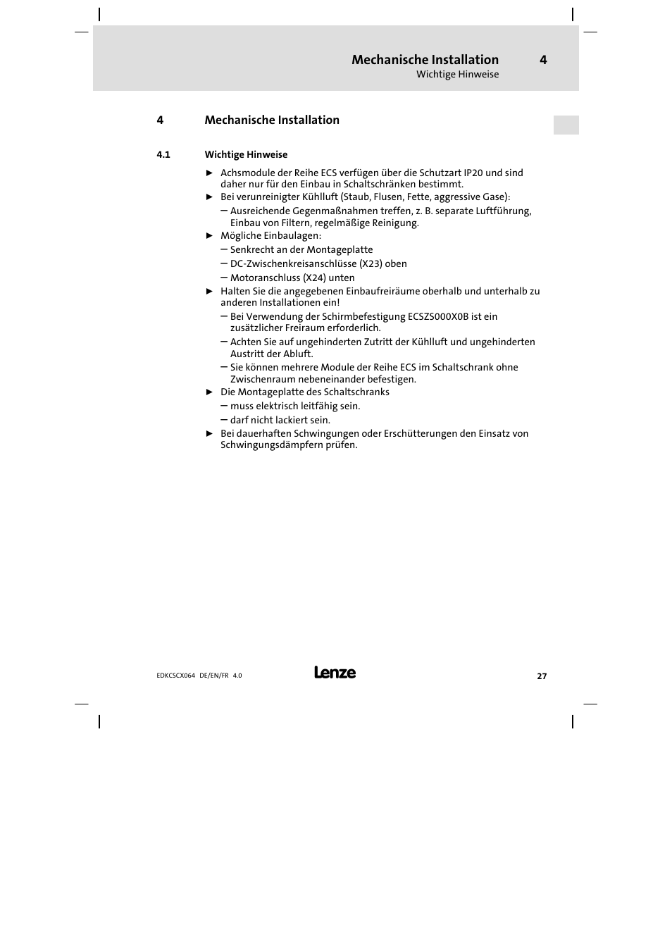 4 mechanische installation, Wichtige hinweise, Mechanische installation | Lenze ECSCx Axis cold plate User Manual | Page 27 / 208