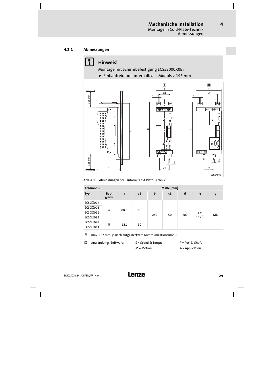 Abmessungen, Mechanische installation, Hinweis | Lenze ECSCx Axis cold plate User Manual | Page 29 / 208