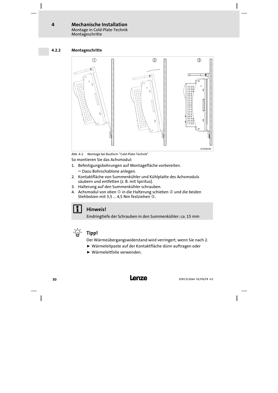 Montageschritte | Lenze ECSCx Axis cold plate User Manual | Page 30 / 208