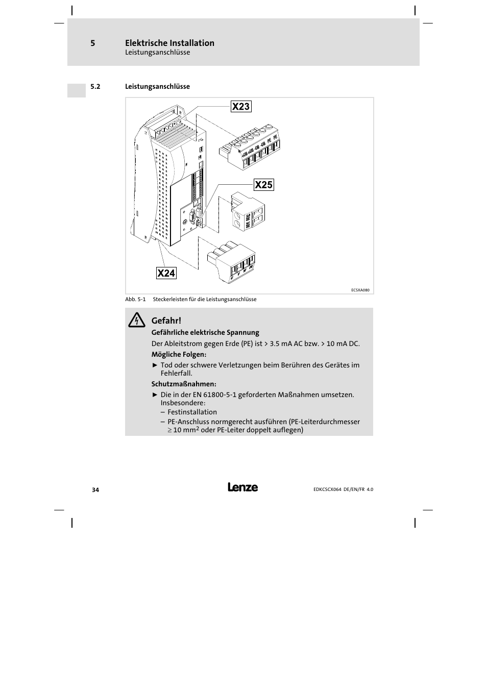 Leistungsanschlüsse | Lenze ECSCx Axis cold plate User Manual | Page 34 / 208