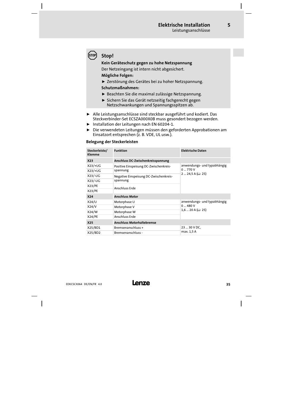 Elektrische installation, Stop | Lenze ECSCx Axis cold plate User Manual | Page 35 / 208