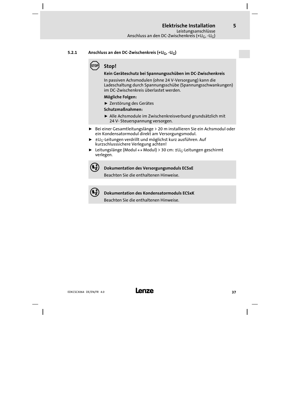 Anschluss an den dc-zwischenkreis (+ug, -ug), Anschluss an den dc−zwischenkreis (+ug, −ug) | Lenze ECSCx Axis cold plate User Manual | Page 37 / 208