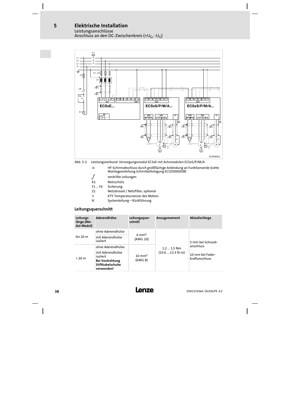 Elektrische installation, Leitungsquerschnitt | Lenze ECSCx Axis cold plate User Manual | Page 38 / 208