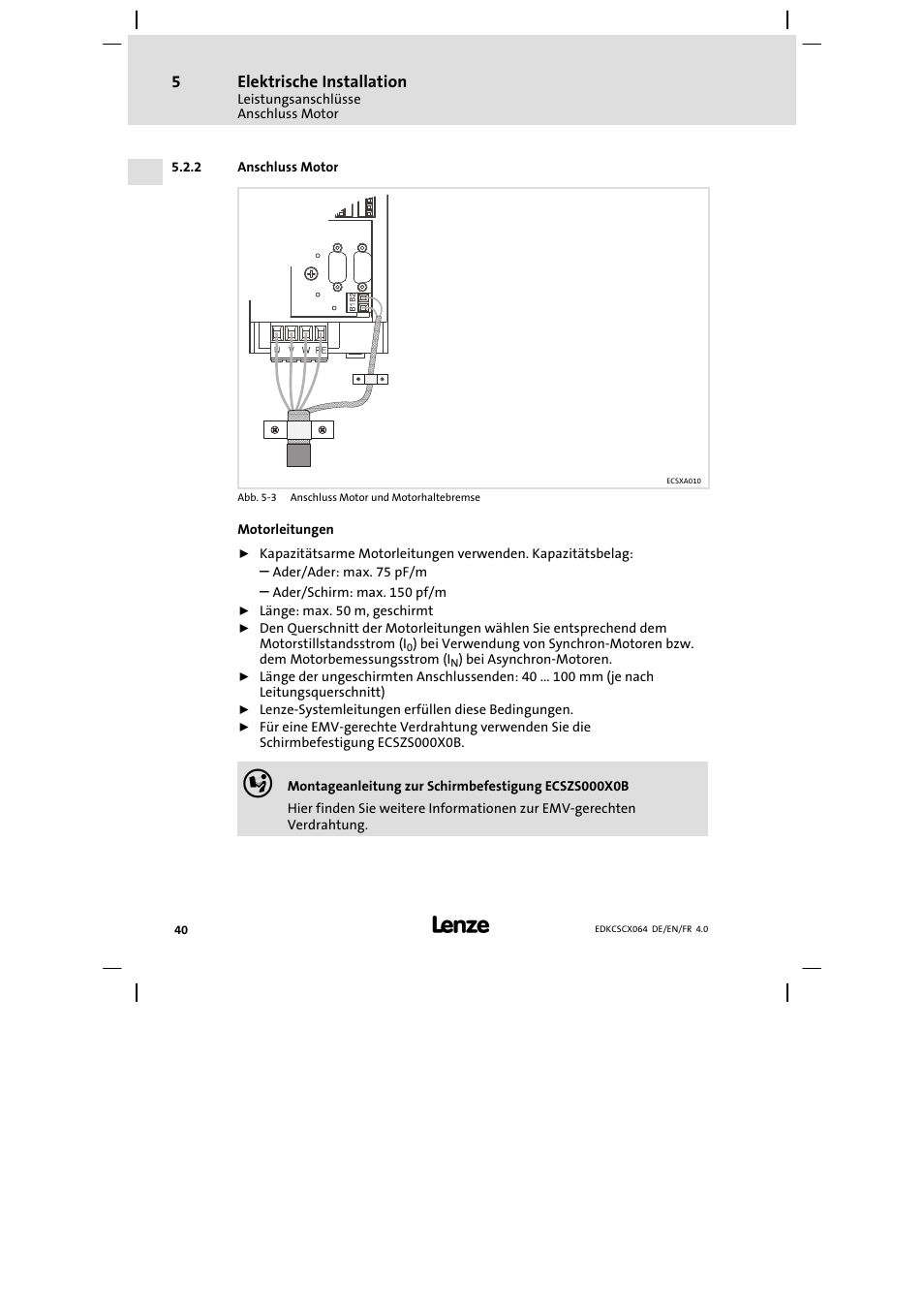 Anschluss motor | Lenze ECSCx Axis cold plate User Manual | Page 40 / 208