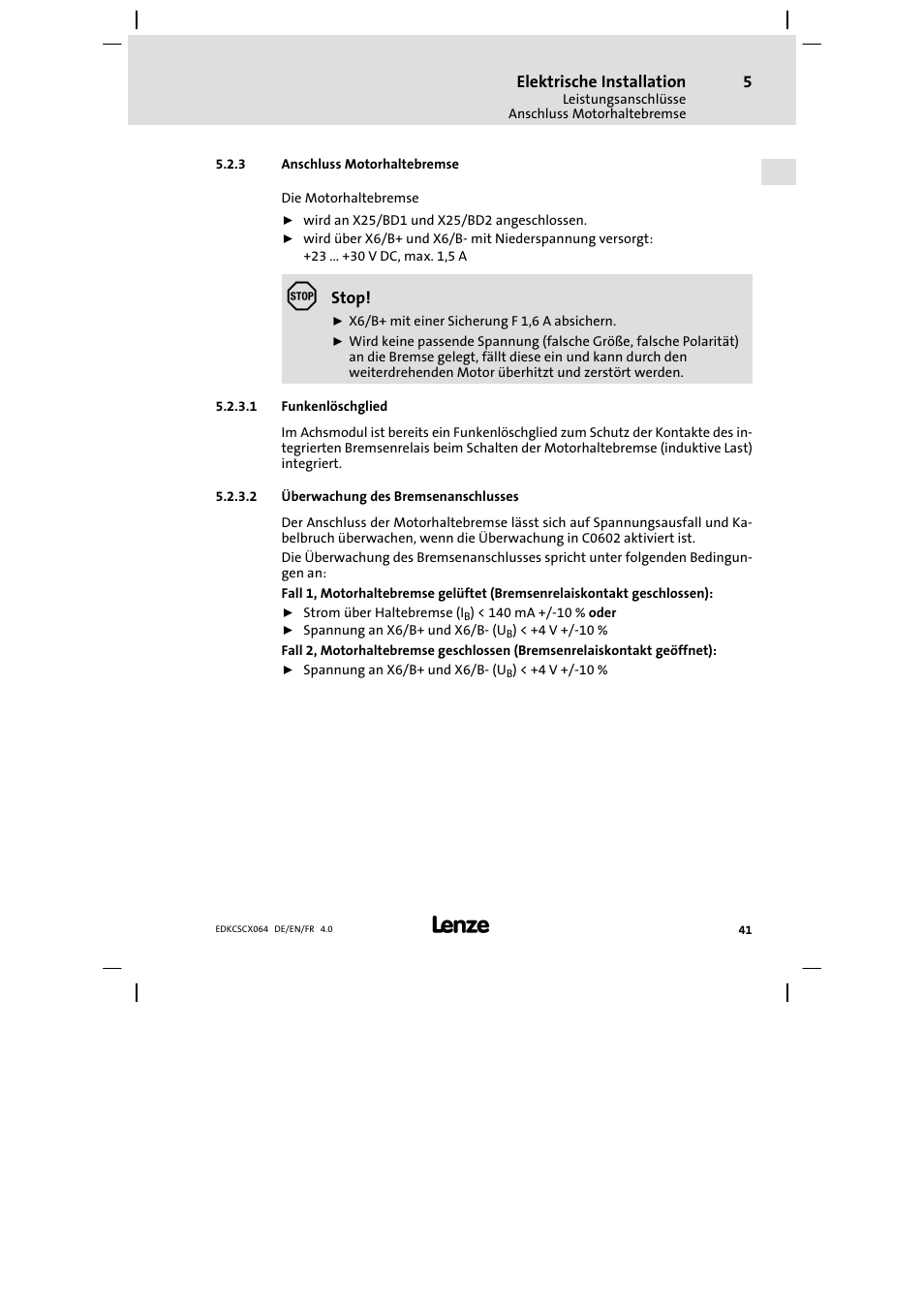 Anschluss motorhaltebremse | Lenze ECSCx Axis cold plate User Manual | Page 41 / 208