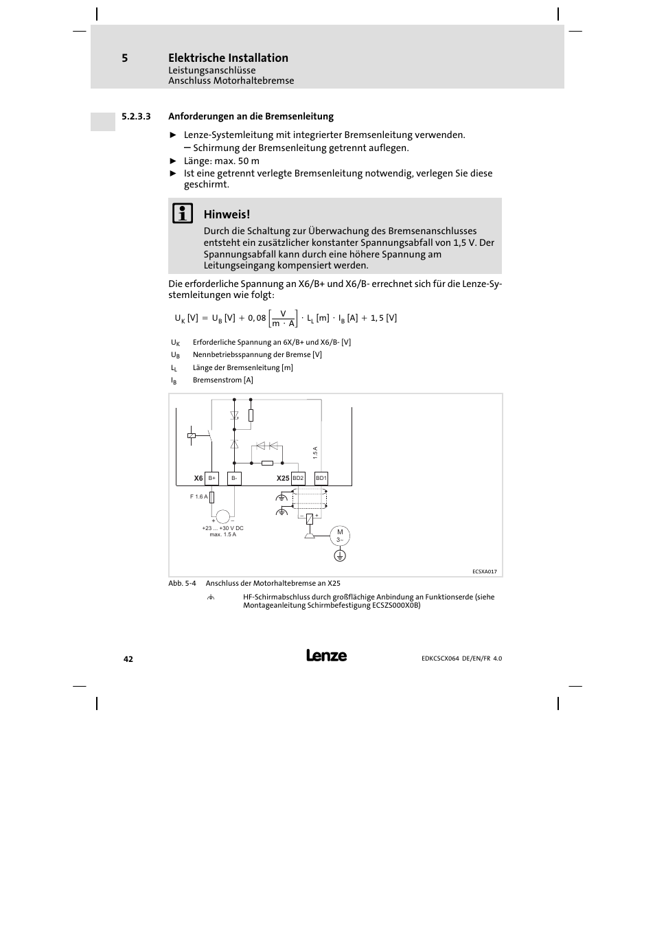 Elektrische installation, Hinweis | Lenze ECSCx Axis cold plate User Manual | Page 42 / 208