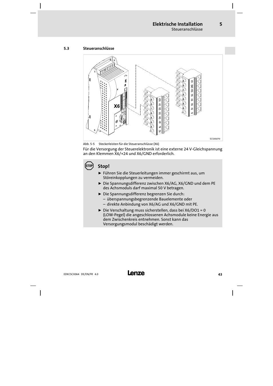 Steueranschlüsse | Lenze ECSCx Axis cold plate User Manual | Page 43 / 208