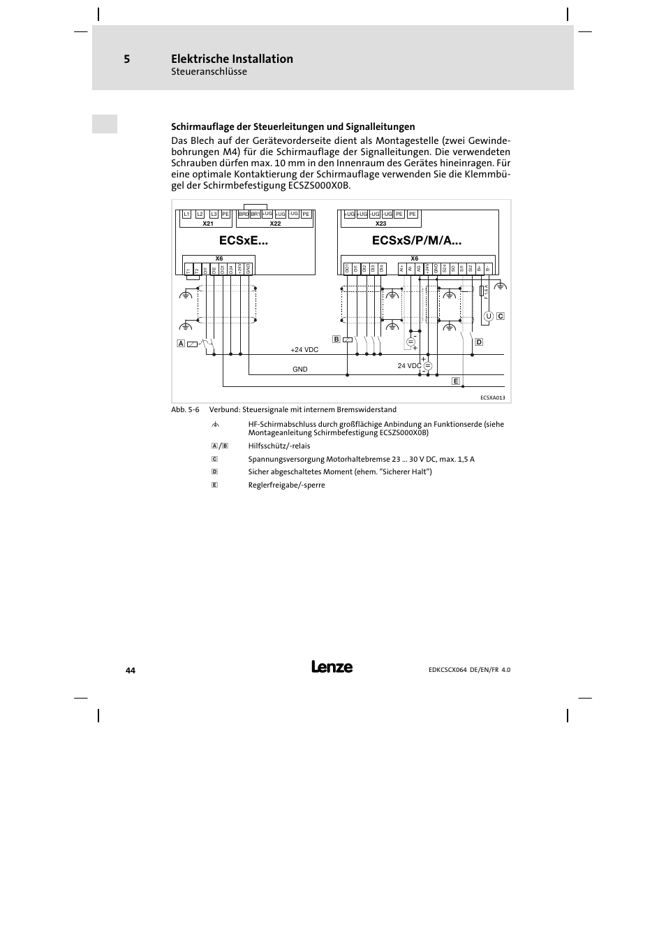 Elektrische installation, Ecsxe... ecsxs/p/m/a, Steueranschlüsse | Lenze ECSCx Axis cold plate User Manual | Page 44 / 208