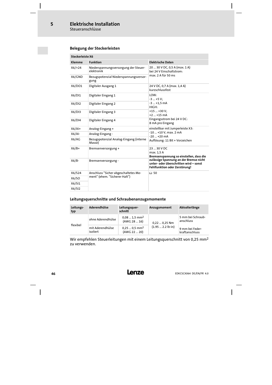 Elektrische installation | Lenze ECSCx Axis cold plate User Manual | Page 46 / 208