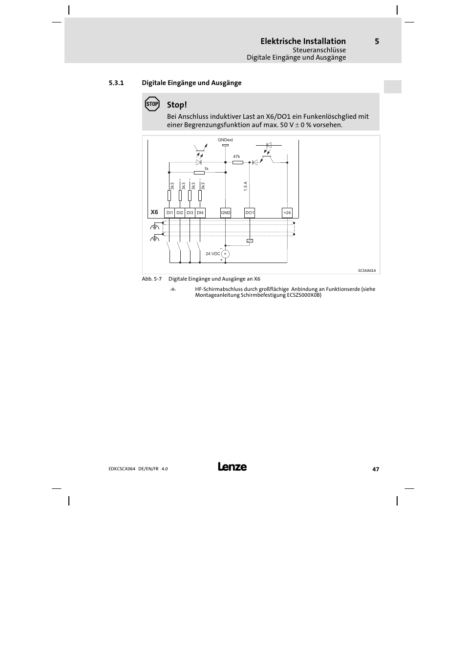 Digitale eingänge und ausgänge, Elektrische installation, Stop | Lenze ECSCx Axis cold plate User Manual | Page 47 / 208