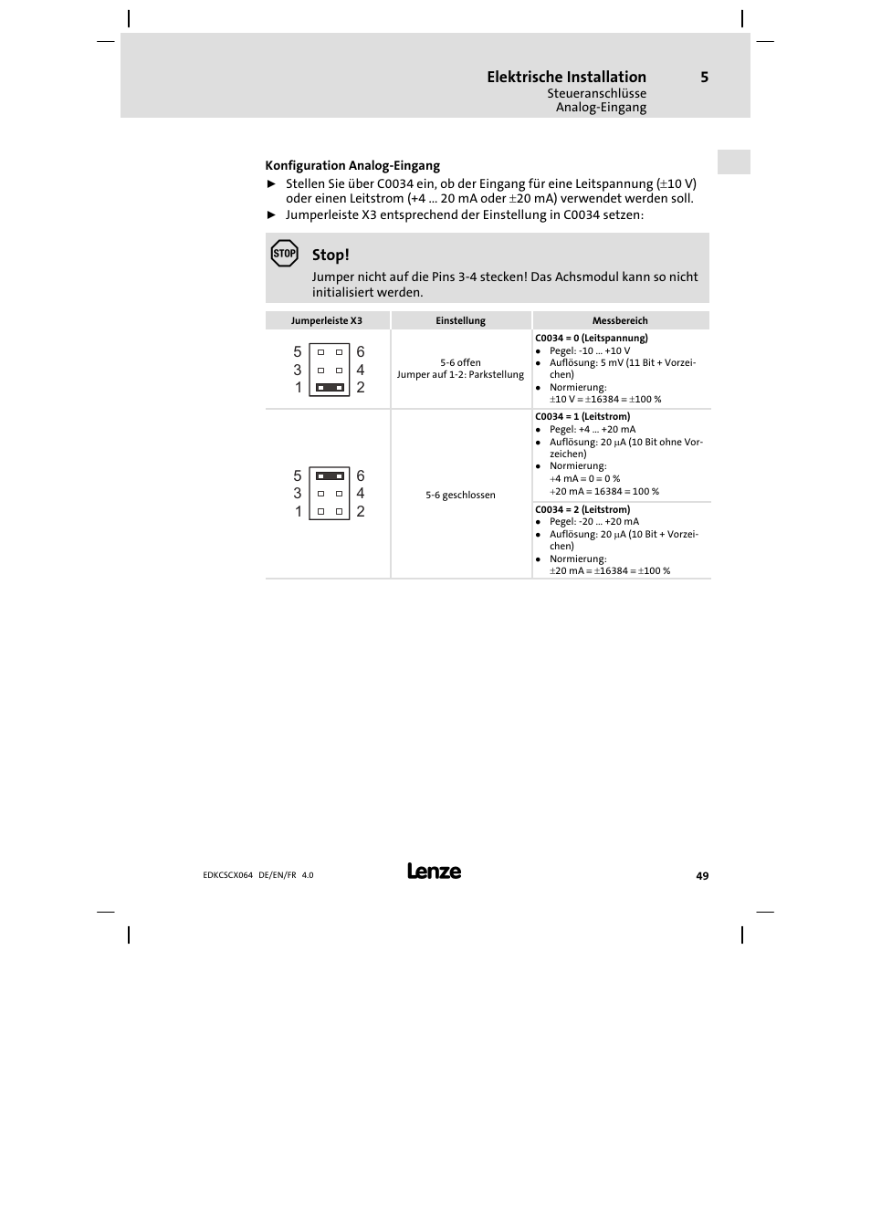 Elektrische installation, Stop | Lenze ECSCx Axis cold plate User Manual | Page 49 / 208