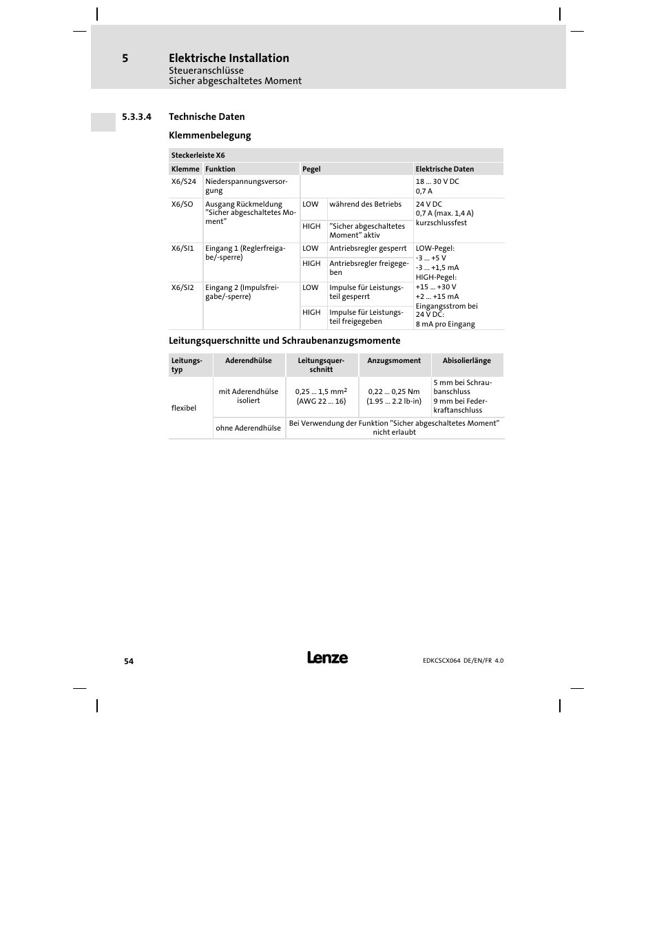 Elektrische installation | Lenze ECSCx Axis cold plate User Manual | Page 54 / 208