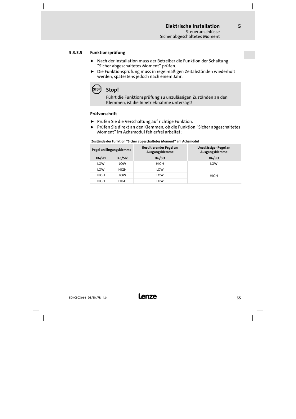Elektrische installation, Stop | Lenze ECSCx Axis cold plate User Manual | Page 55 / 208