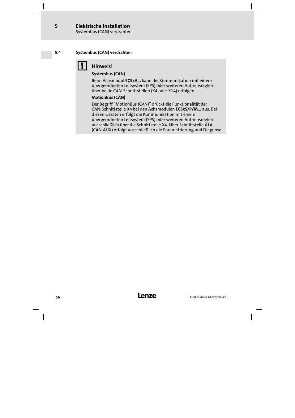 Systembus (can) verdrahten | Lenze ECSCx Axis cold plate User Manual | Page 56 / 208