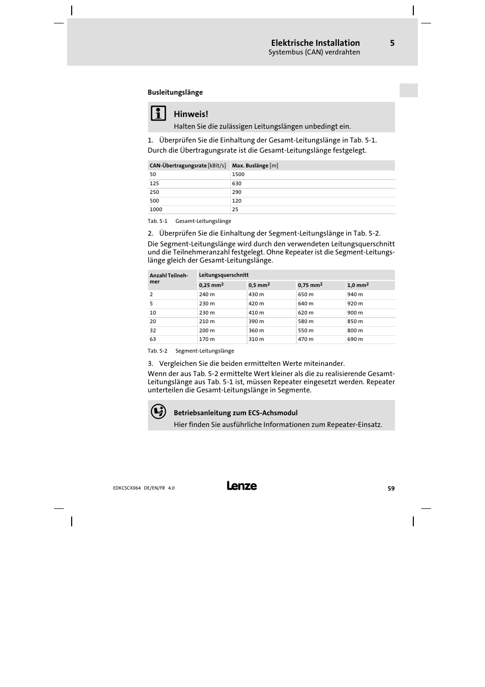 Elektrische installation, Hinweis | Lenze ECSCx Axis cold plate User Manual | Page 59 / 208