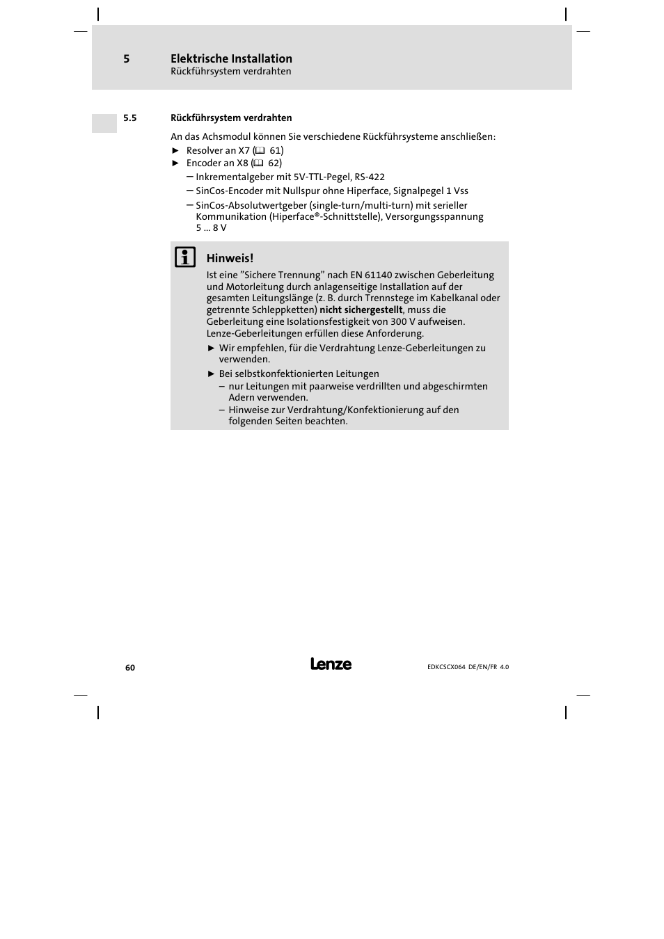 Rückführsystem verdrahten | Lenze ECSCx Axis cold plate User Manual | Page 60 / 208