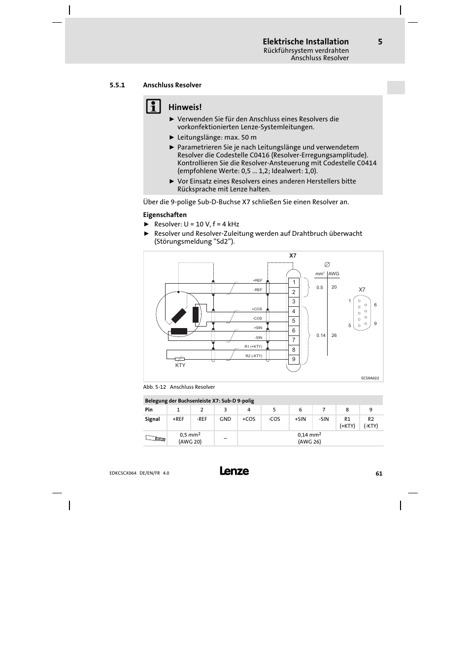 Anschluss resolver, Elektrische installation, Hinweis | Lenze ECSCx Axis cold plate User Manual | Page 61 / 208