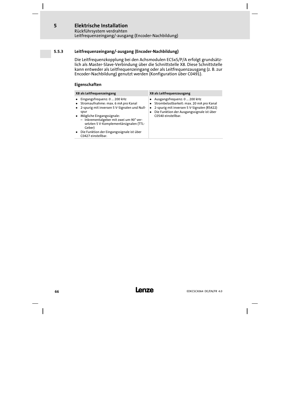 Leitfrequenzeingang/-ausgang (encoder-nachbildung), Leitfrequenzeingang/−ausgang (encoder−nachbildung), Elektrische installation | Lenze ECSCx Axis cold plate User Manual | Page 66 / 208