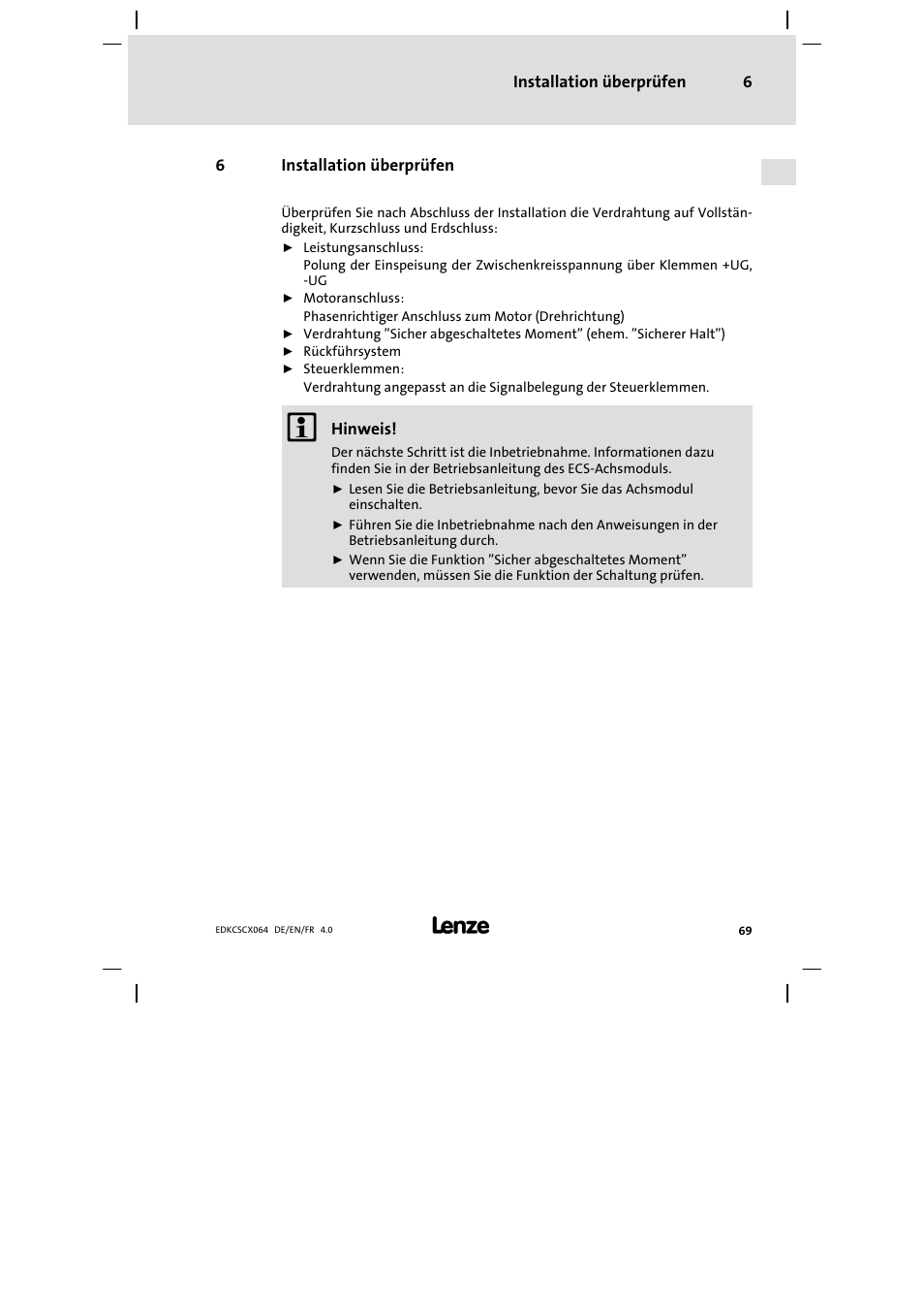 6 installation überprüfen, Installation überprüfen | Lenze ECSCx Axis cold plate User Manual | Page 69 / 208