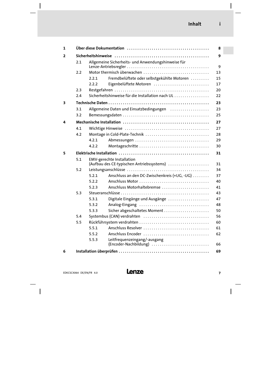 Inhalt | Lenze ECSCx Axis cold plate User Manual | Page 7 / 208
