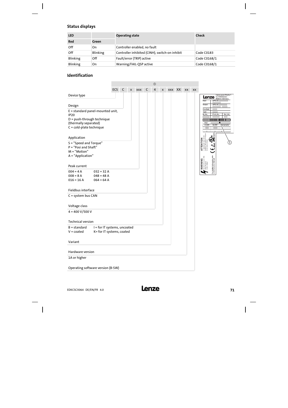 Status displays, Identification | Lenze ECSCx Axis cold plate User Manual | Page 71 / 208