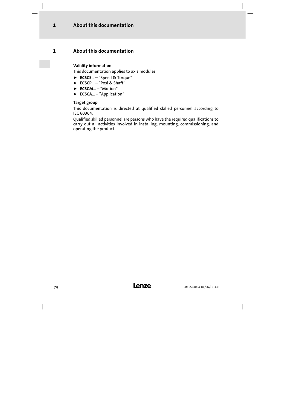 1 about this documentation, About this documentation | Lenze ECSCx Axis cold plate User Manual | Page 74 / 208