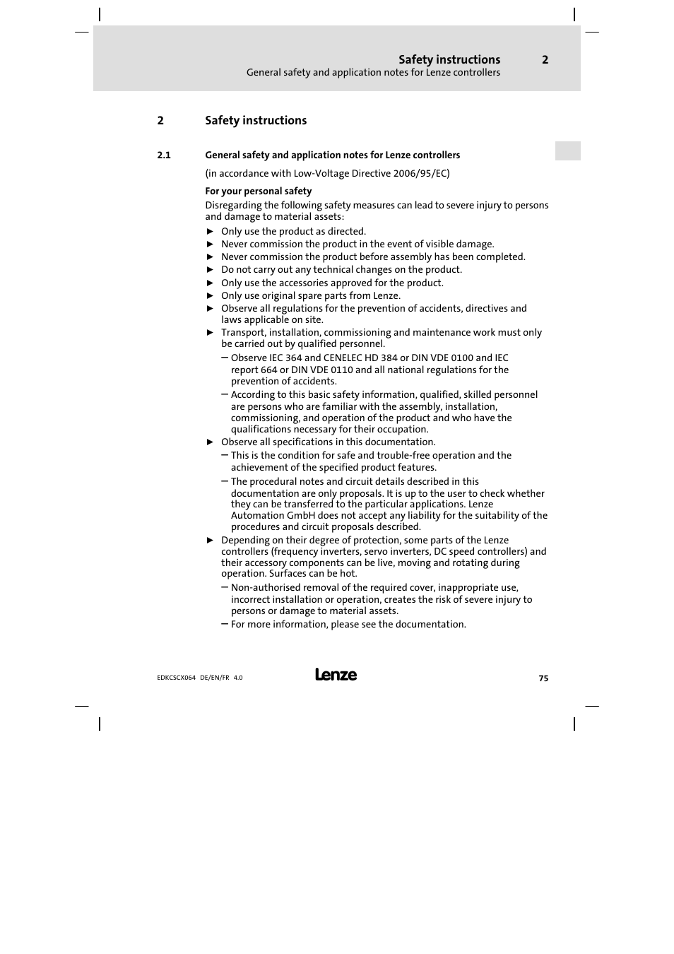 2 safety instructions, Safety instructions | Lenze ECSCx Axis cold plate User Manual | Page 75 / 208