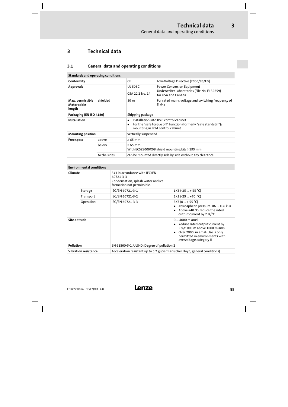 3 technical data, General data and operating conditions, Technical data | 3technical data | Lenze ECSCx Axis cold plate User Manual | Page 89 / 208