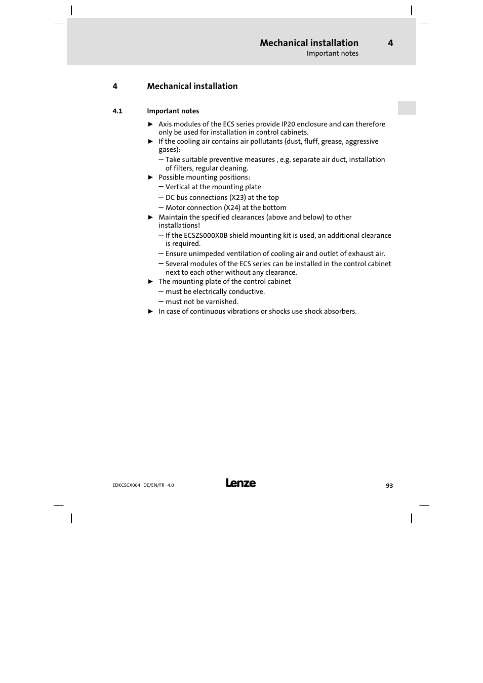 4 mechanical installation, Important notes, Mechanical installation | Lenze ECSCx Axis cold plate User Manual | Page 93 / 208