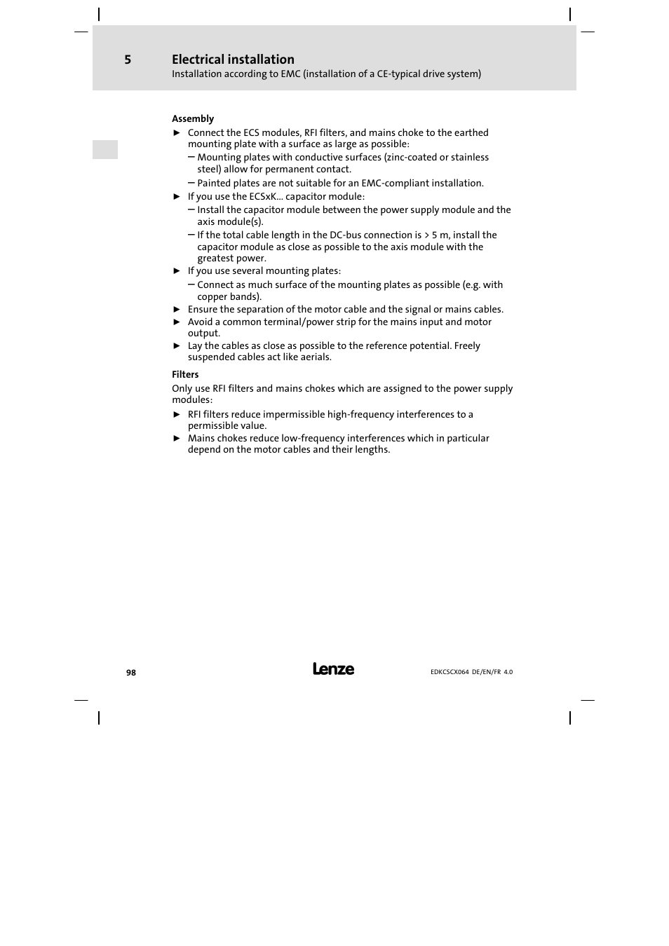 Electrical installation | Lenze ECSCx Axis cold plate User Manual | Page 98 / 208