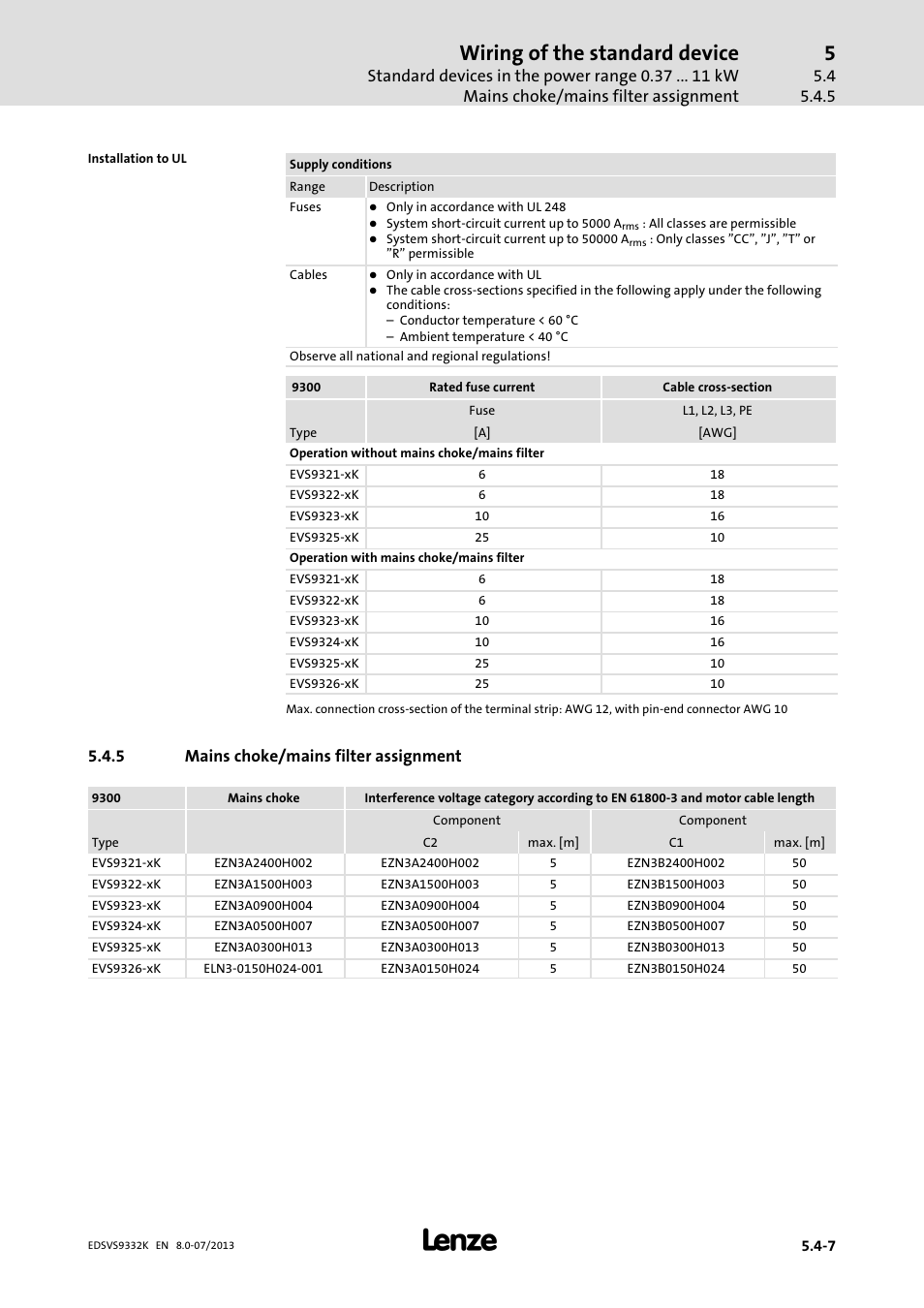 Mains choke/mains filter assignment, Wiring of the standard device | Lenze EVS9332xK User Manual | Page 103 / 467