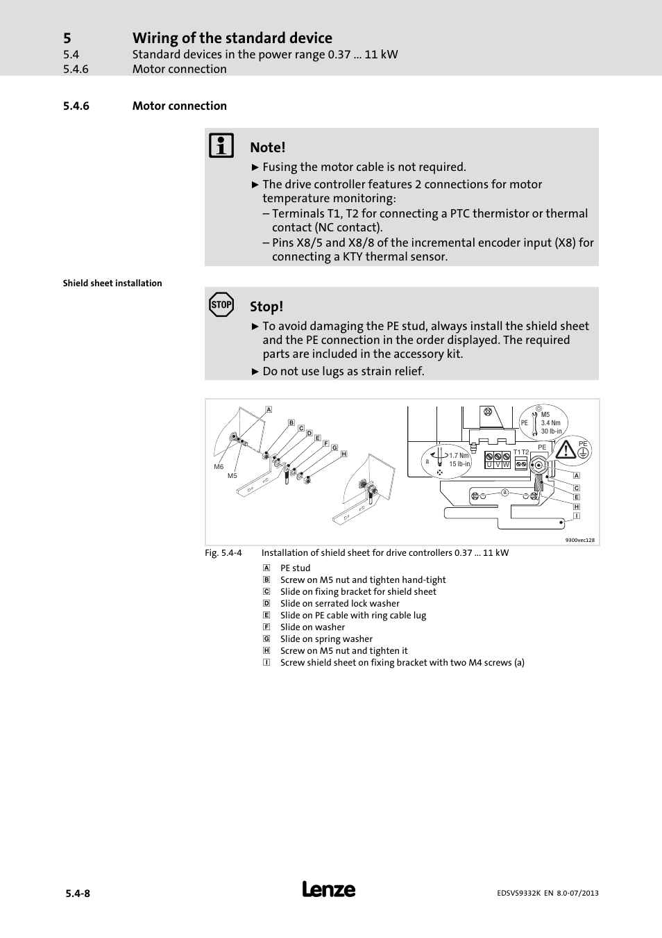 Motor connection, Wiring of the standard device, Stop | Lenze EVS9332xK User Manual | Page 104 / 467