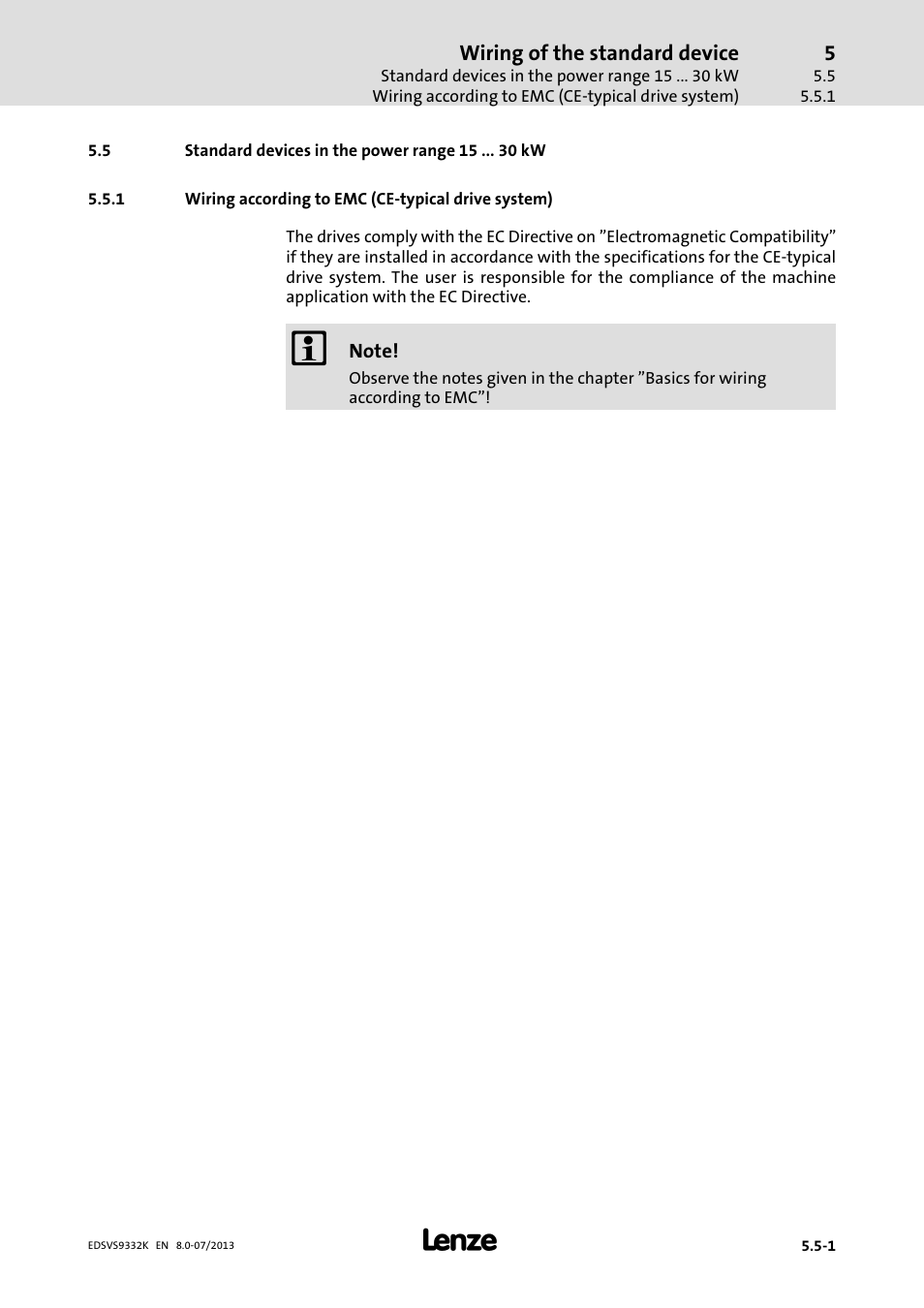 Standard devices in the power range 15 kw, Wiring according to emc (ce-typical drive system), Wiring according to emc (ce−typical drive system) | Lenze EVS9332xK User Manual | Page 109 / 467