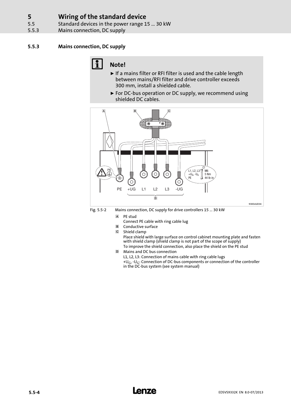 Mains connection, dc supply, Wiring of the standard device | Lenze EVS9332xK User Manual | Page 112 / 467