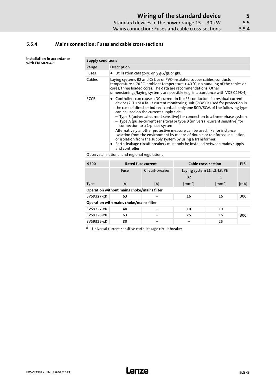 Mains connection: fuses and cable cross-sections, Mains connection: fuses and cable cross−sections, Wiring of the standard device | Lenze EVS9332xK User Manual | Page 113 / 467