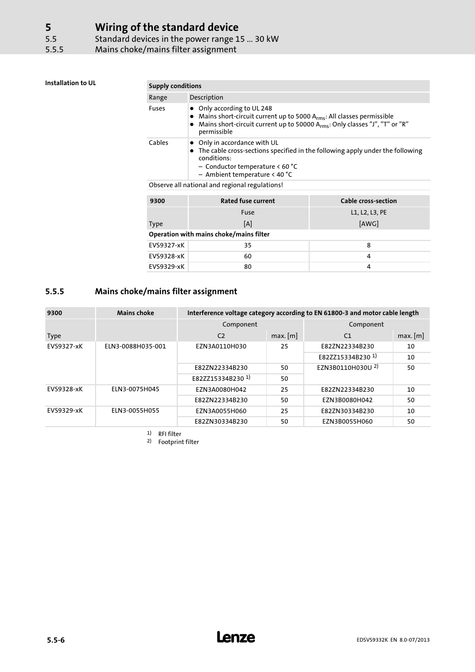 Mains choke/mains filter assignment, Wiring of the standard device, 5 mains choke/mains filter assignment | Lenze EVS9332xK User Manual | Page 114 / 467