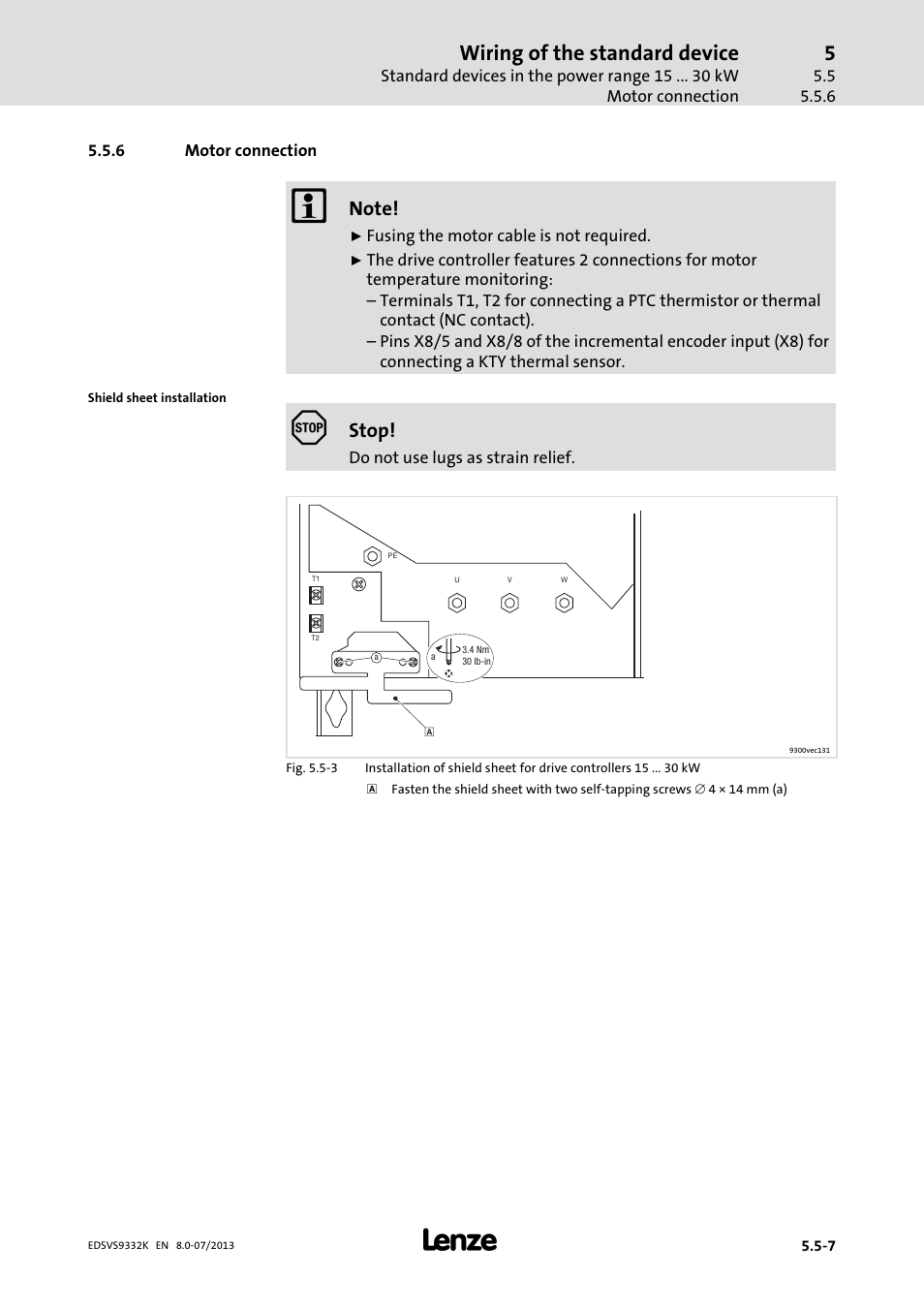 Motor connection, Wiring of the standard device, Stop | Lenze EVS9332xK User Manual | Page 115 / 467