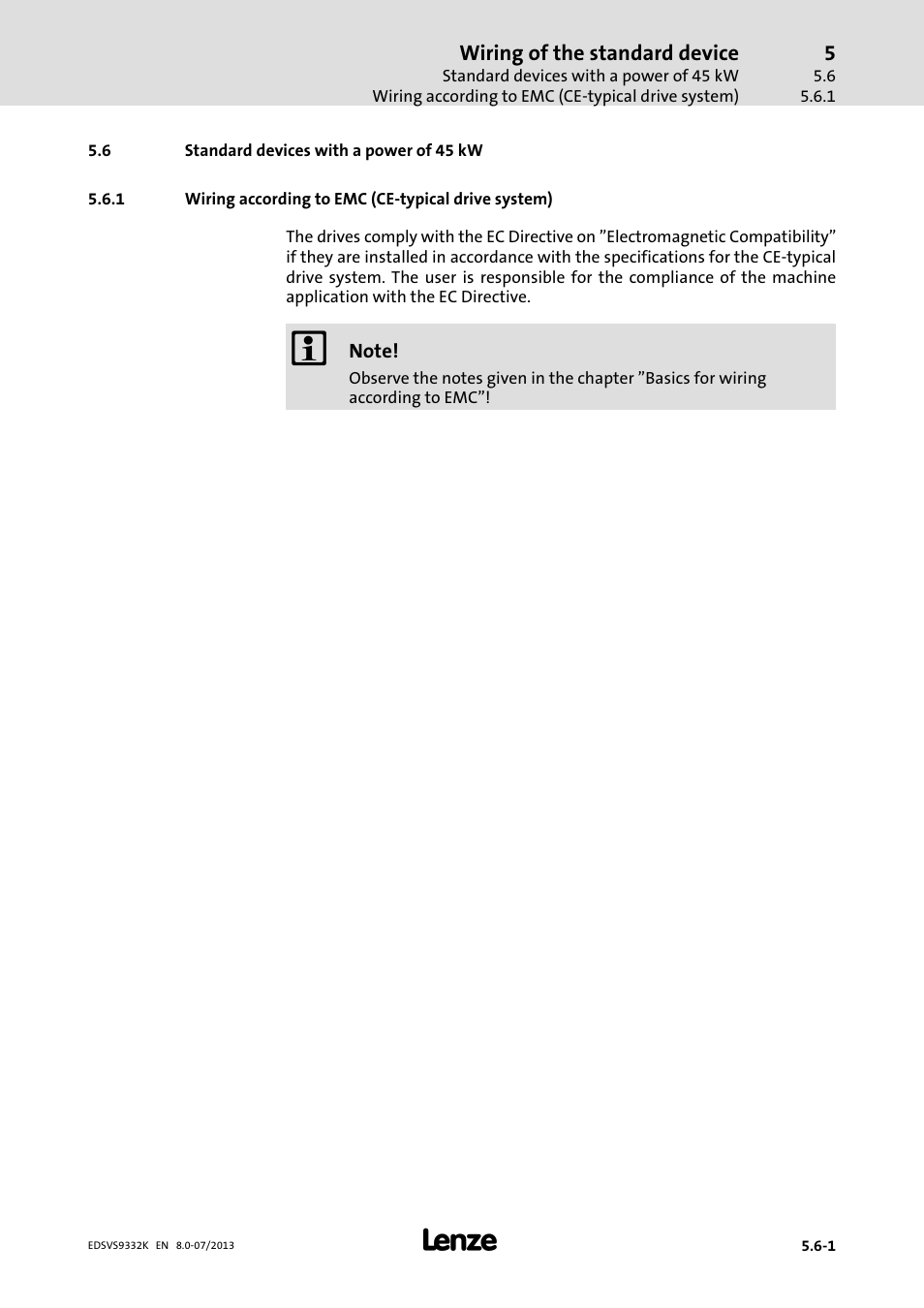 Standard devices with a power of 45 kw, Wiring according to emc (ce-typical drive system), Wiring according to emc (ce−typical drive system) | Lenze EVS9332xK User Manual | Page 121 / 467