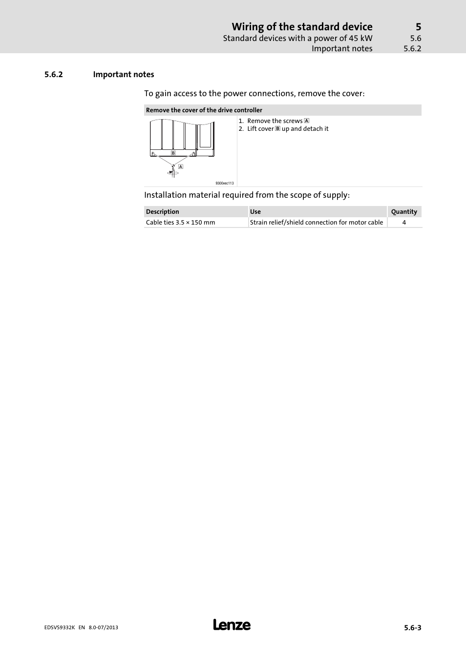 Important notes, Wiring of the standard device | Lenze EVS9332xK User Manual | Page 123 / 467