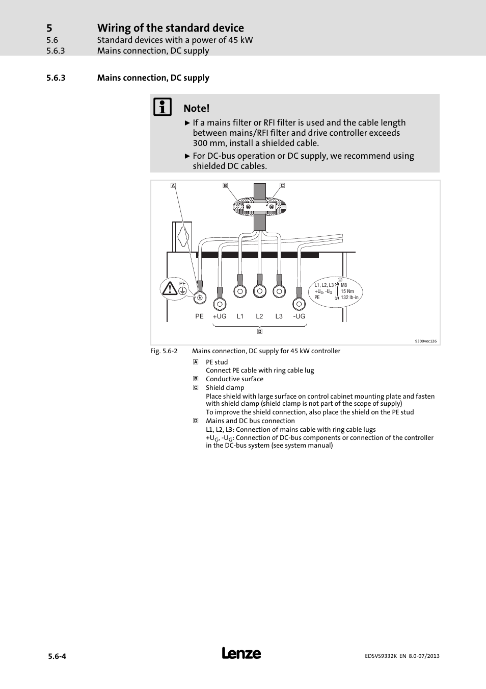 Mains connection, dc supply, Wiring of the standard device | Lenze EVS9332xK User Manual | Page 124 / 467